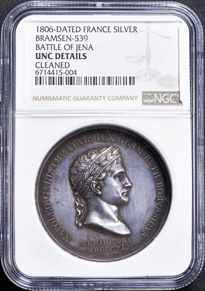 【俄甄集藏】2026年(049)03-18星期三 晚 19:30 全场包邮 - 法国1806年拿破仑帝国纪念耶拿战役大银章，NGC UNCD，高浮雕，原味老包浆，经典品种