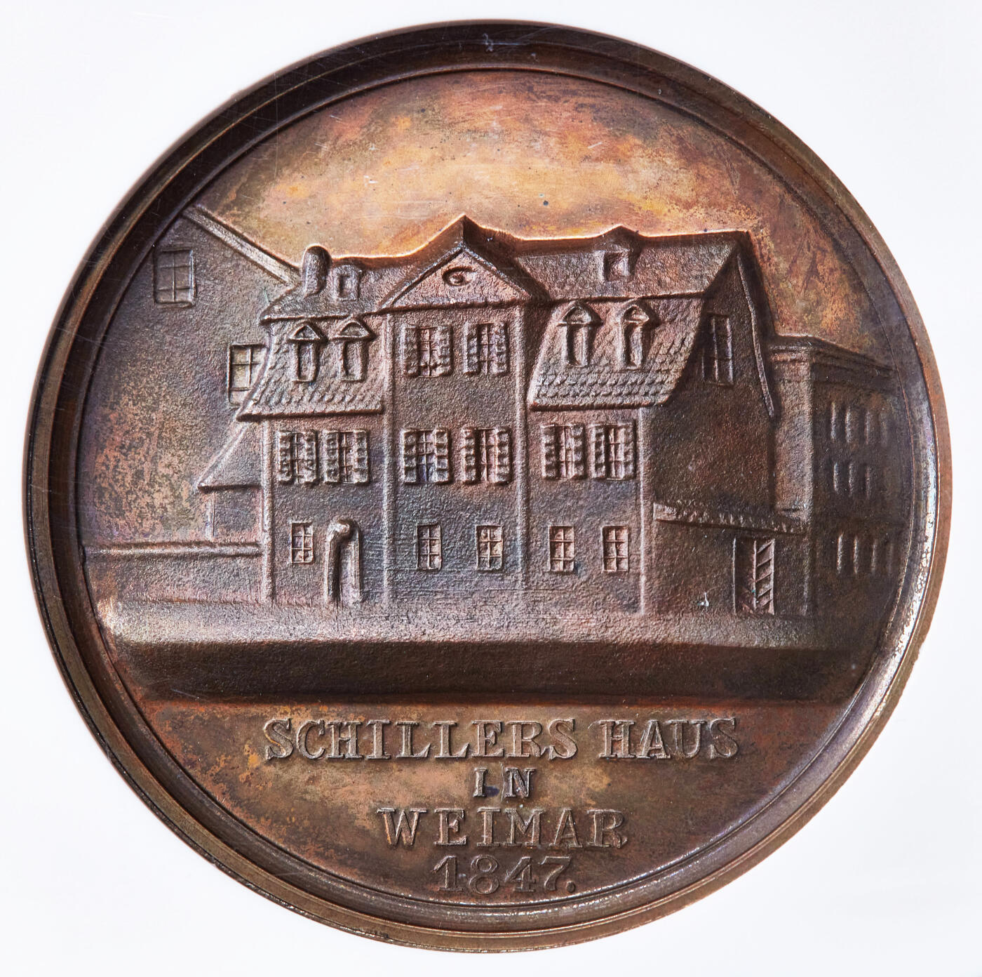 【俄甄集藏】2026年(049)03-18星期三 晚 19:30 全场包邮 德国1847年纪念古典文学家弗里德里希·席勒故居大铜章，NGC MS63，巧克力包浆，高浮雕，雕刻家法基留斯作品，直径42mm