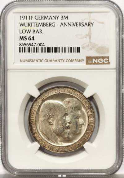 博洋堂世界钱币拍卖第164期（全场包邮） - NGC MS64 德国1911年符腾堡银婚3马克银币，极美车轮光好品。