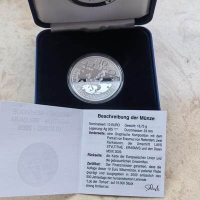 道一币馆币章第一百六十八场 - 原盒证 比利时2009年鹿特丹伊拉斯谟10欧元精制银币