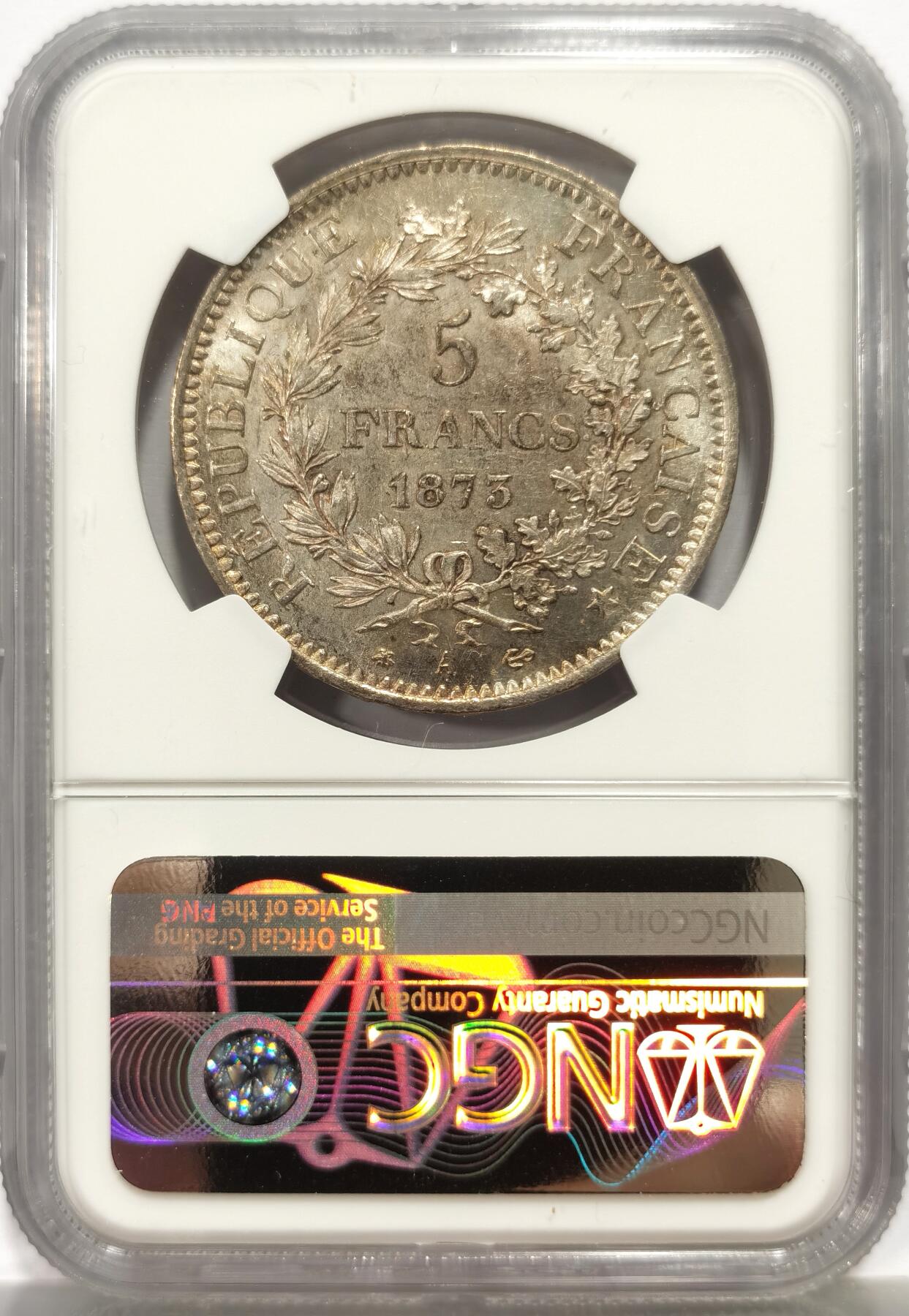 博洋堂世界钱币拍卖第164期（全场包邮） NGC MS62 法国1873年大力神5法郎大银币，五彩包浆，带光好品。