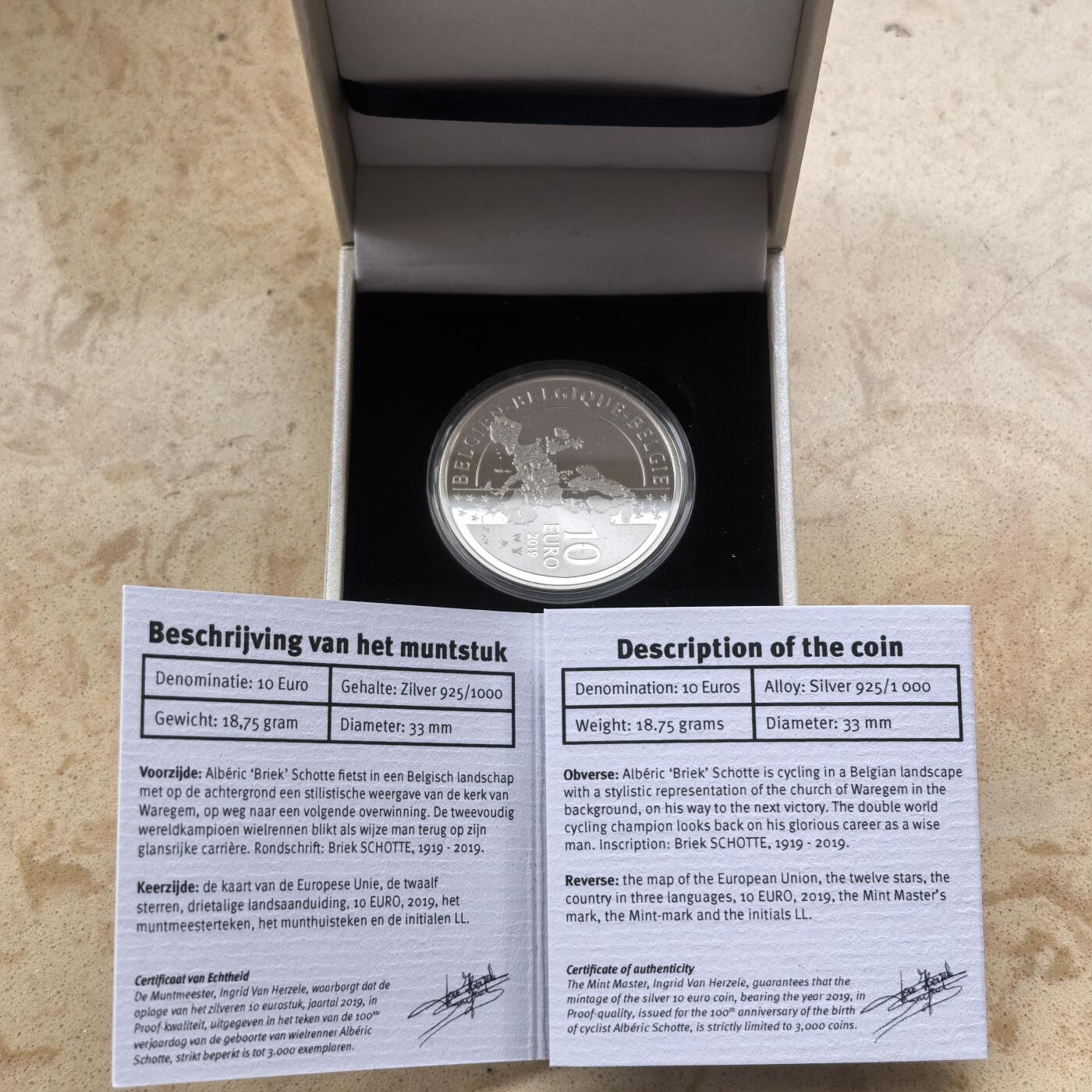 道一币馆币章第一百六十八场 原盒证 比利时2019年自行车运动员布瑞克•斯戈特诞辰百年10欧元精制银币