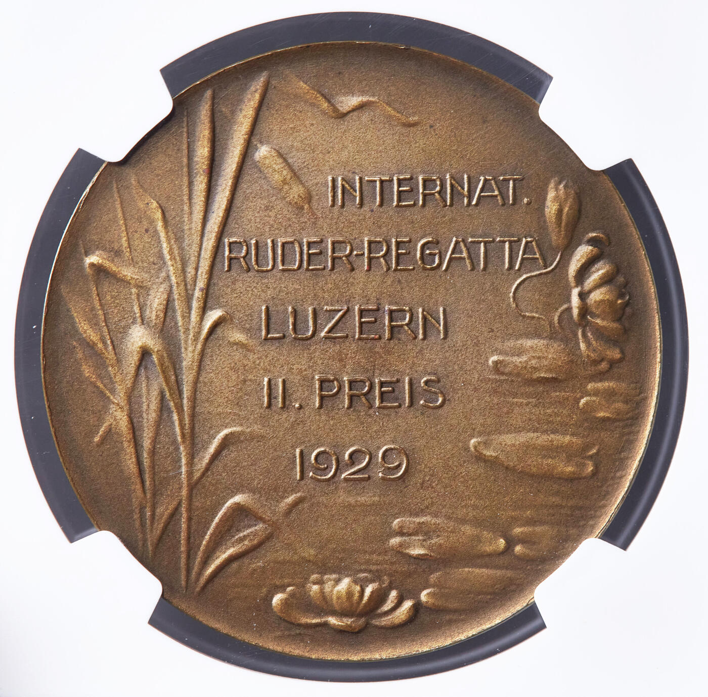 【俄甄集藏】2026年(049)03-18星期三 晚 19:30 全场包邮 瑞士1929年纪念卢塞恩国际赛艇竞赛铜质奖章，NGC MS64，卢塞恩湖畔景观，磨砂底板，顶级状态