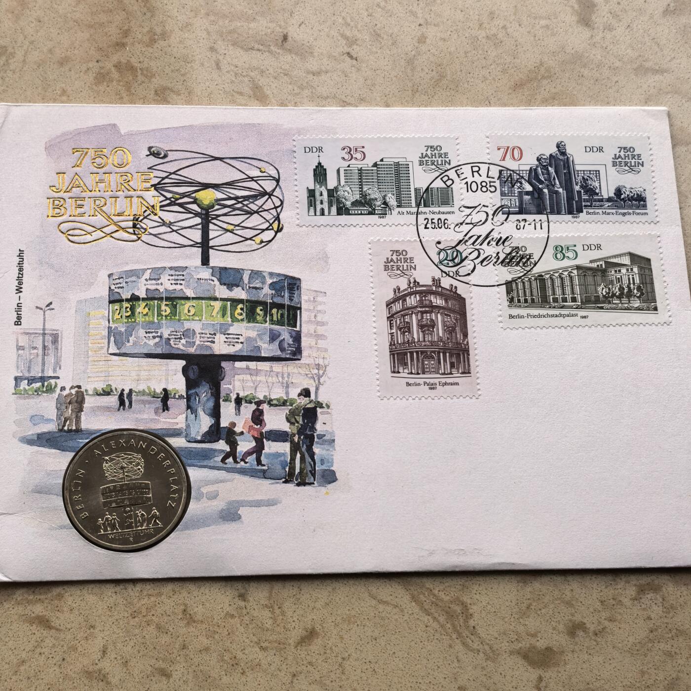 道一币馆币章第一百六十八场 邮币封 民主德国1987年柏林亚历山大广场世界时钟750周年5马克纪念币-1