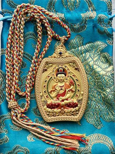 双面唐卡 立体浮雕 文殊菩萨  黄财神 带绳带袋   - 双面唐卡 立体浮雕 文殊菩萨  黄财神 带绳带袋  