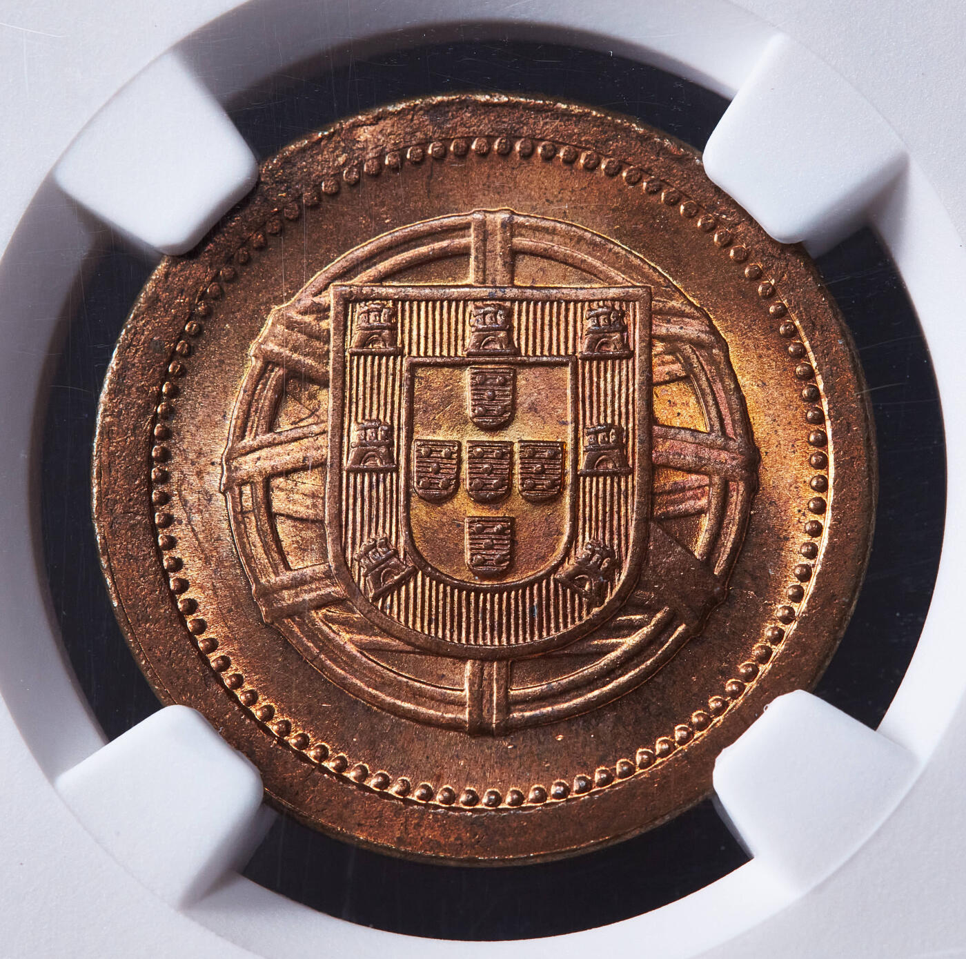 【俄甄集藏】2026年(049)03-18星期三 晚 19:30 全场包邮 葡萄牙共和国1921年国徽版5分铜币，NGC MS63RB，原铜光难得