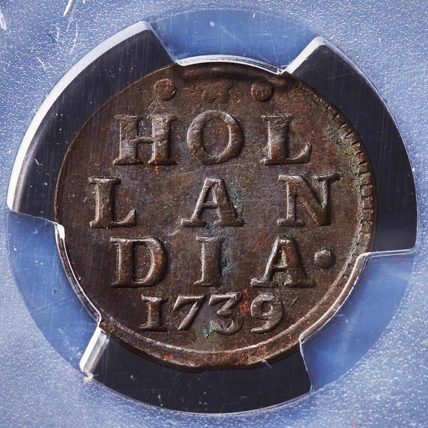 【俄甄集藏】2026年(049)03-18星期三 晚 19:30 全场包邮 尼德兰共和国1739年荷兰省1杜伊特狮子铜币，PCGS MS63，巧克力包浆，原光品相，当时最小面值货币