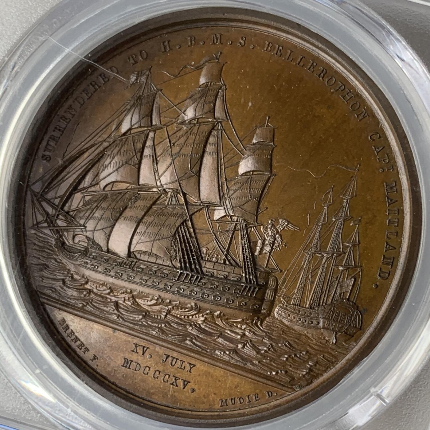 掌中浮雕-藏着的欧洲第054场 PCGS SP65 : 1815年拿破仑于柏勒洛丰号战列舰上投降，41mm, PCGS冠军分