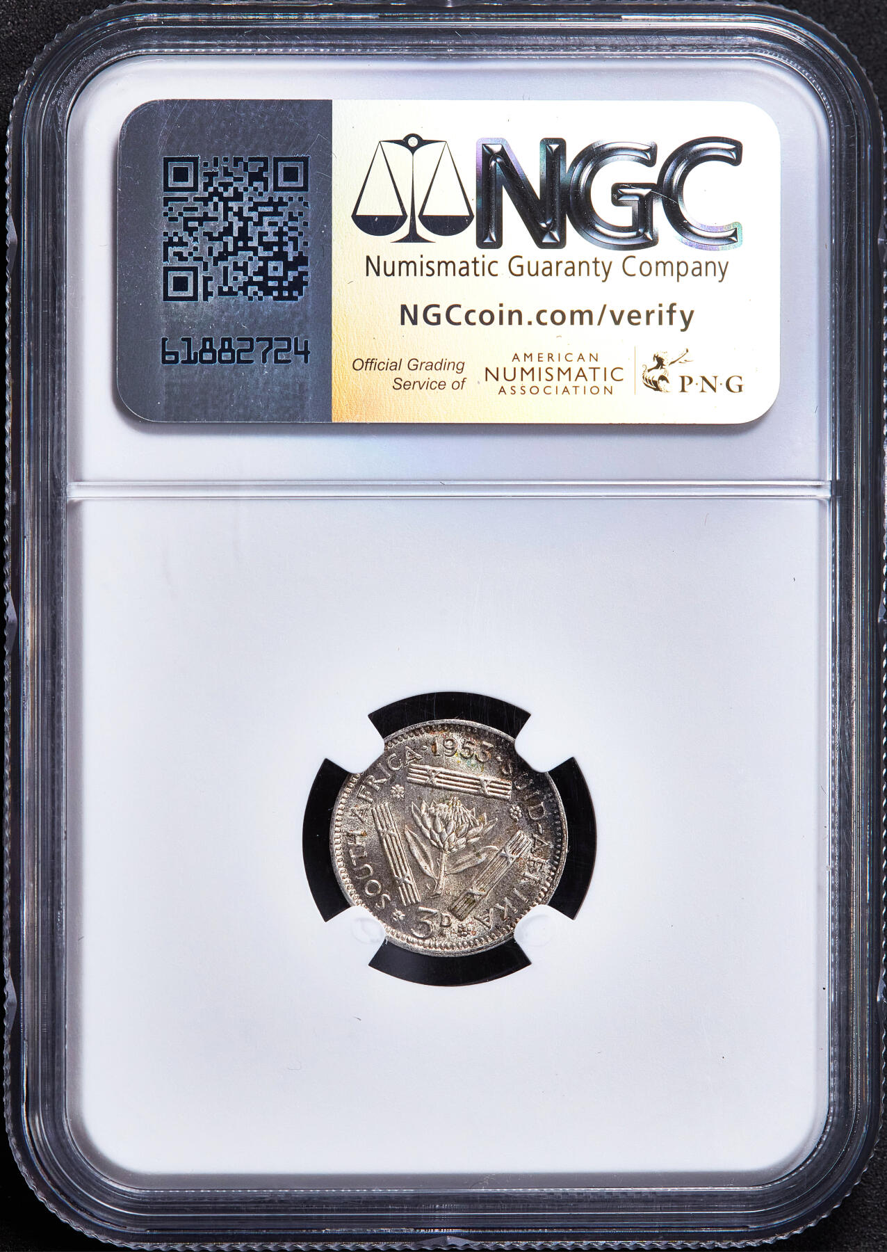 【俄甄集藏】2026年(049)03-18星期三 晚 19:30 全场包邮 英属南非1953年伊拉莎白二世3便士银币，NGC MS66，五彩包浆，转光品相