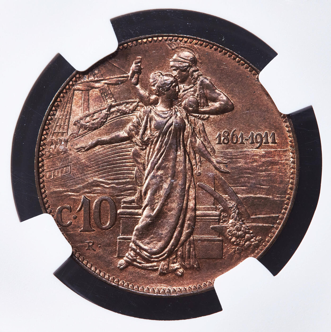【俄甄集藏】2026年(049)03-18星期三 晚 19:30 全场包邮 意大利1911年R版伊曼纽尔三世建国50周年播种10分铜币，NGC MS64RB，原铜光转光品相，名誉品种，设计精美