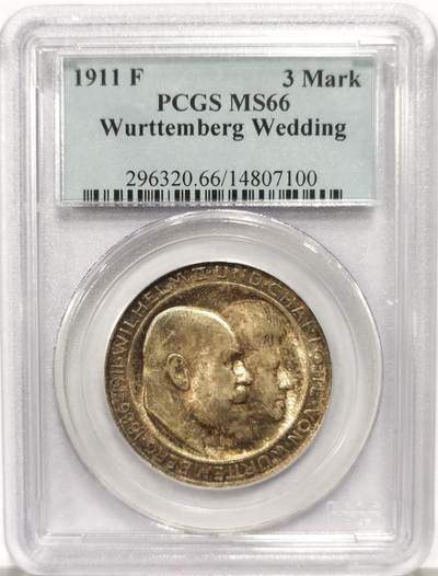 博洋堂世界钱币拍卖第164期（全场包邮） - PCGS MS66 德国符腾堡1911年银婚纪念3马克银币，背面极美环五彩包浆