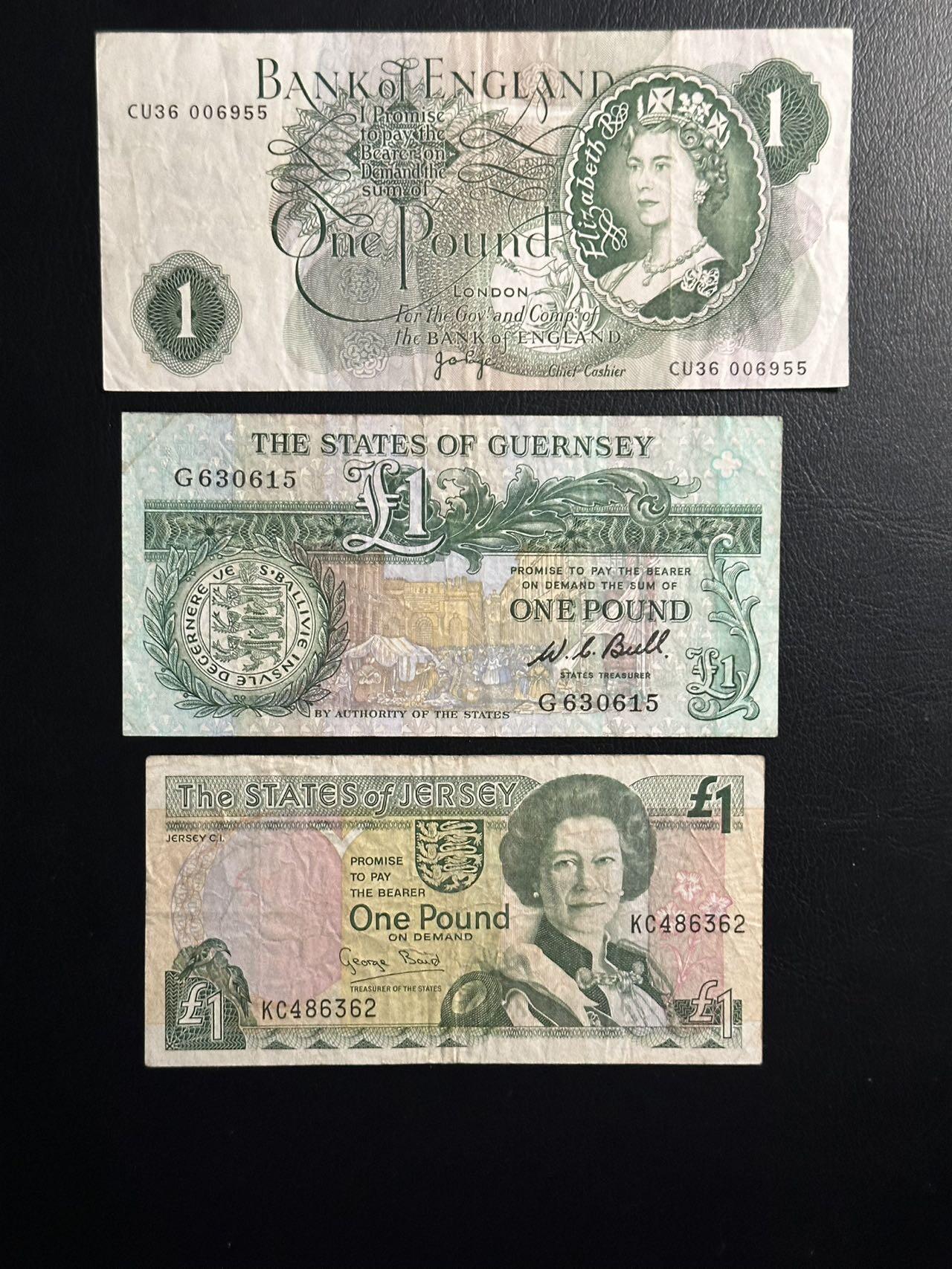 丙午马年三月第二场 精品更新 英国，泽熙，根西三地1镑，一组三张流通品相。都是上个世纪七八十年代左右的老版本，不是近期的新版，比较少见。