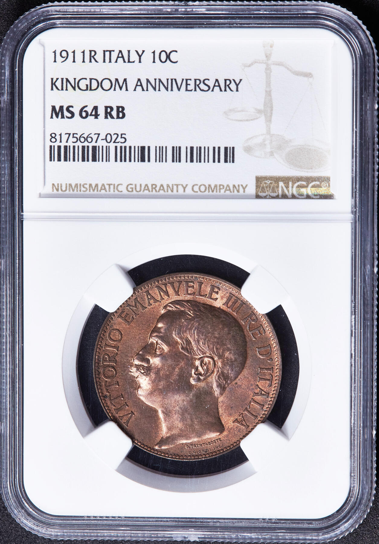 【俄甄集藏】2026年(049)03-18星期三 晚 19:30 全场包邮 意大利1911年R版伊曼纽尔三世建国50周年播种10分铜币，NGC MS64RB，原铜光转光品相，名誉品种，设计精美