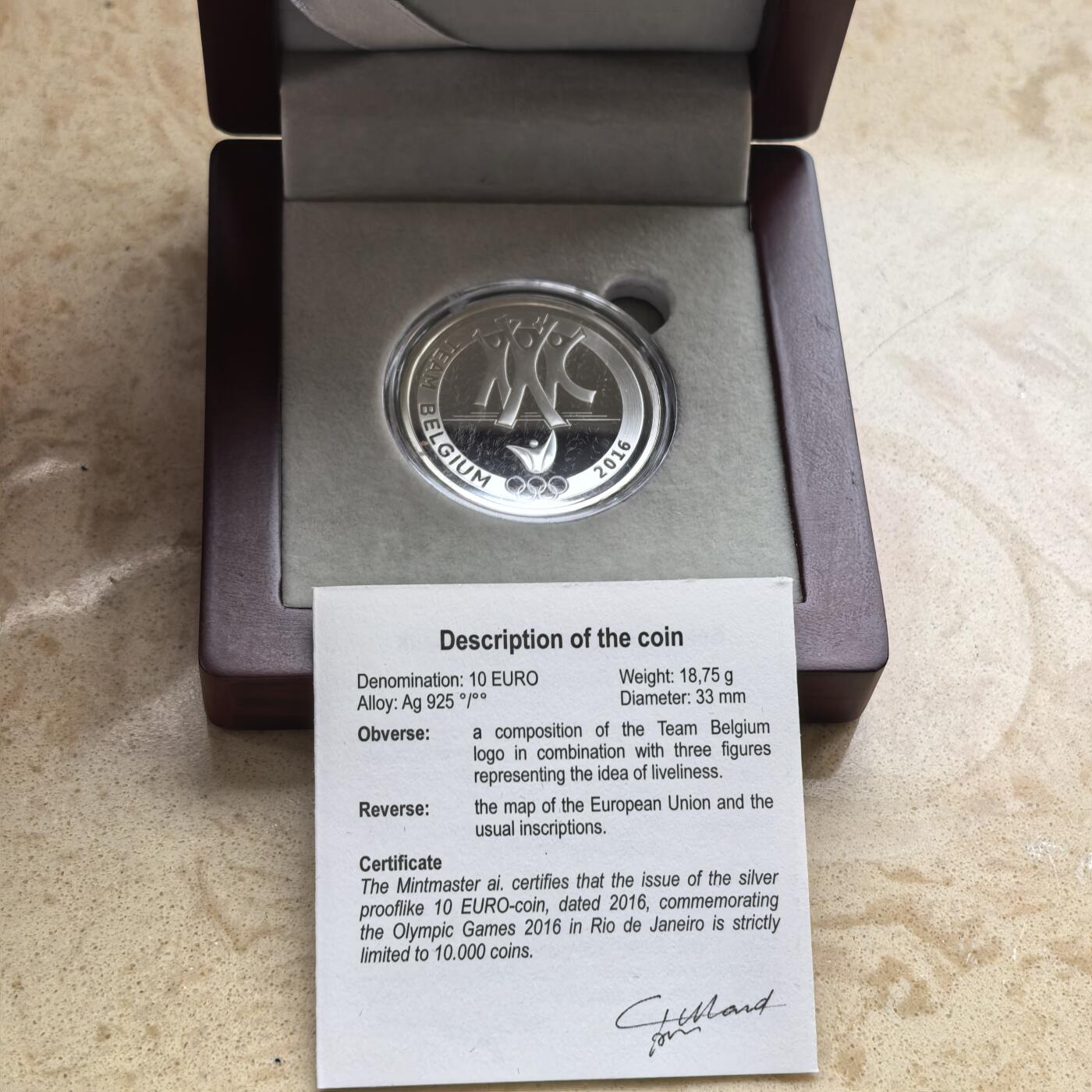 道一币馆币章第一百六十八场 原盒证 比利时2016年比利时队参加里约奥运会10欧元精制银币