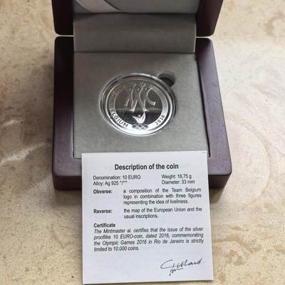 道一币馆币章第一百六十八场 - 原盒证 比利时2016年比利时队参加里约奥运会10欧元精制银币