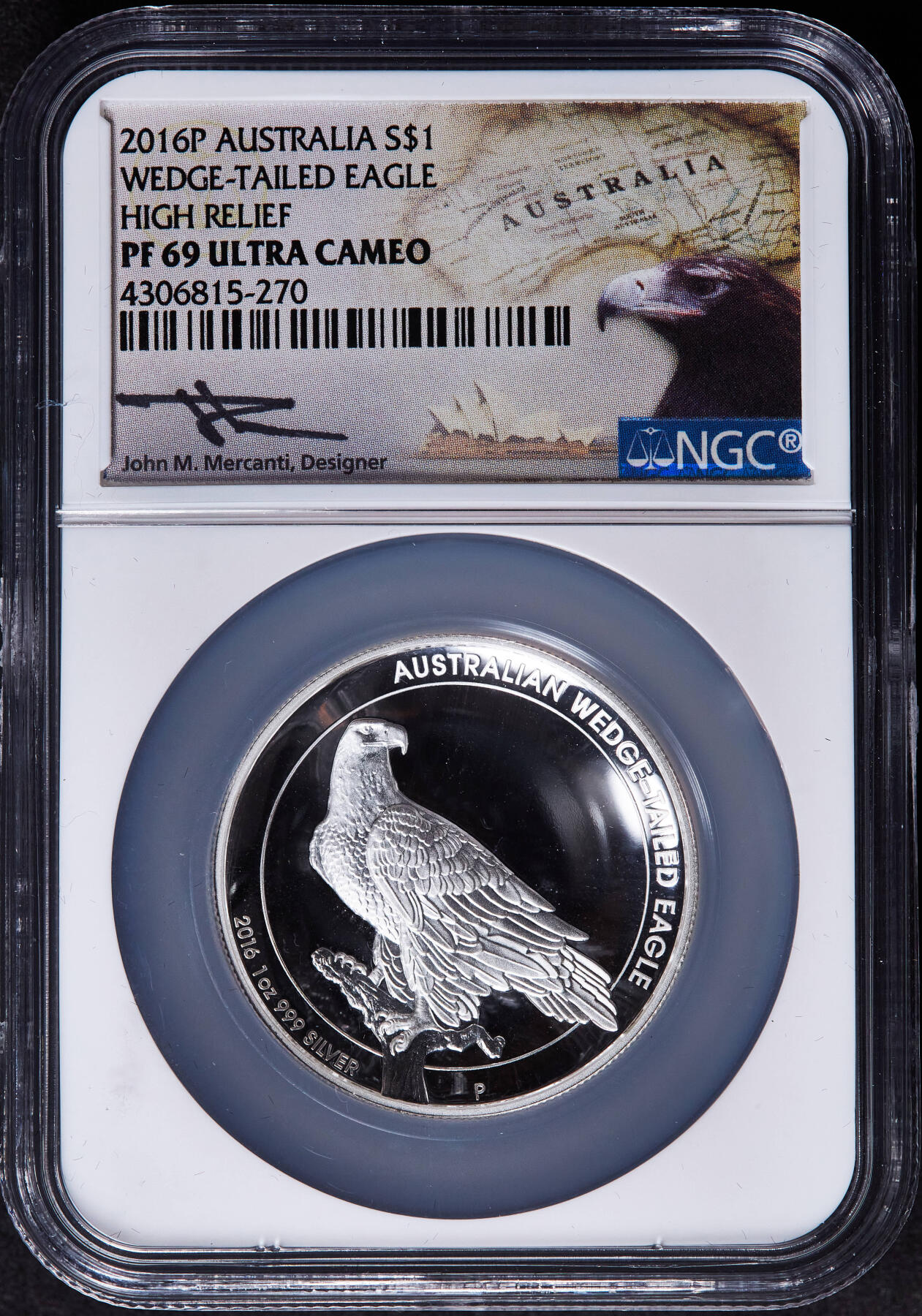 【俄甄集藏】2026年(049)03-18星期三 晚 19:30 全场包邮 澳大利亚2016年珀斯厂楔尾雕曲面1盎司精制1元银币，NGC PF69UC，特殊标签，重1盎司，999银，发行量5000枚