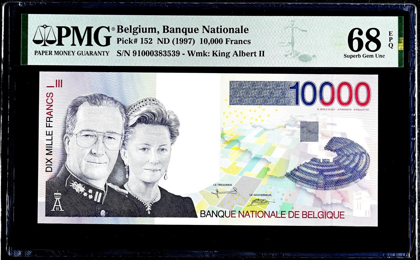 【Blue Auction】世界纸币精拍第793期——18级TOP拍卖/信誉/品质/专业/高效💫  【无47 仅2张更高分】比利时 1997年10000法郎 最高值 PMG68EPQ 超高分 阿贝尔二世国王夫妇