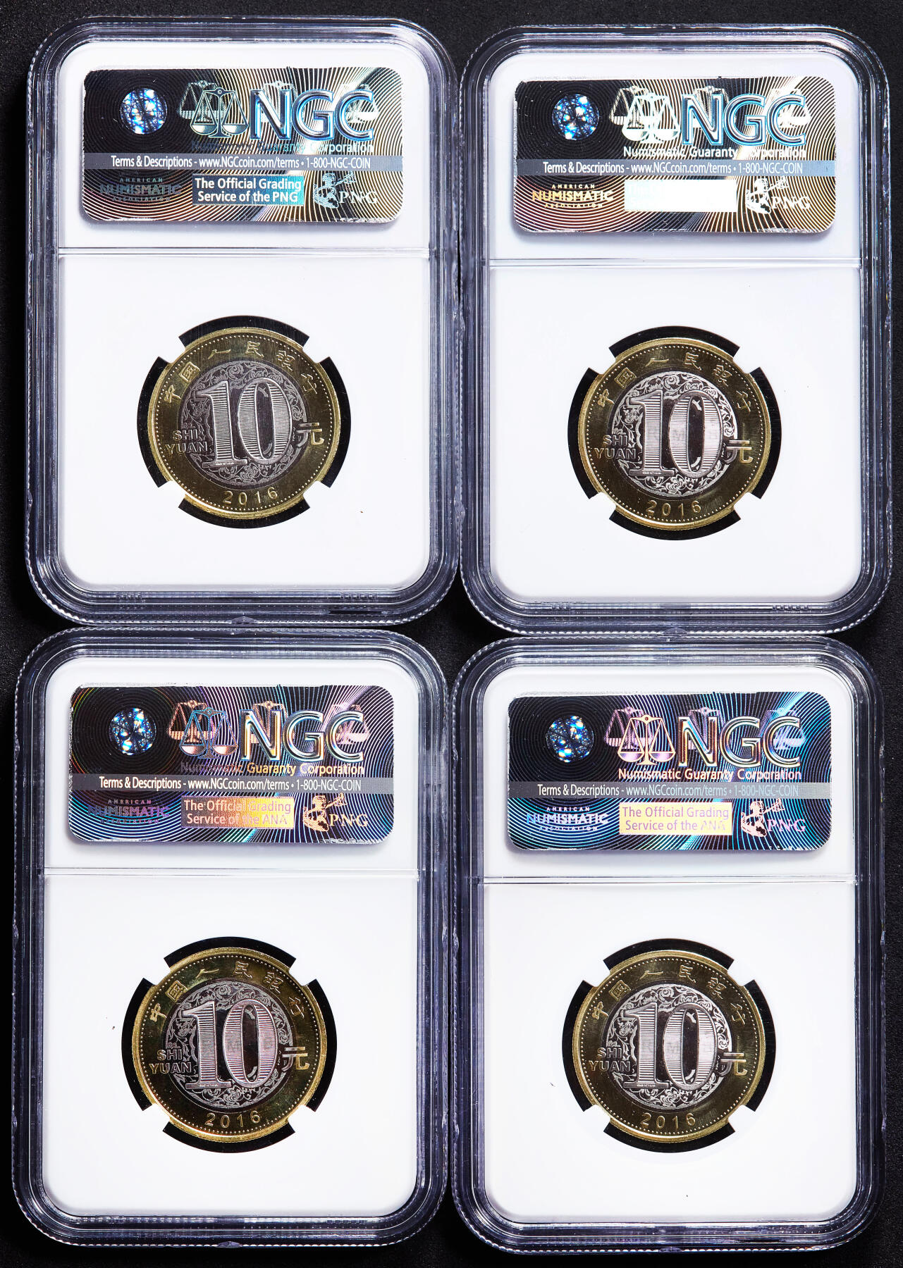 【俄甄集藏】2026年(049)03-18星期三 晚 19:30 全场包邮 中国2016年猴年10元双色纪念币“年年有余”特殊评级标签4枚一组，NGC MS68PL，类精制底板