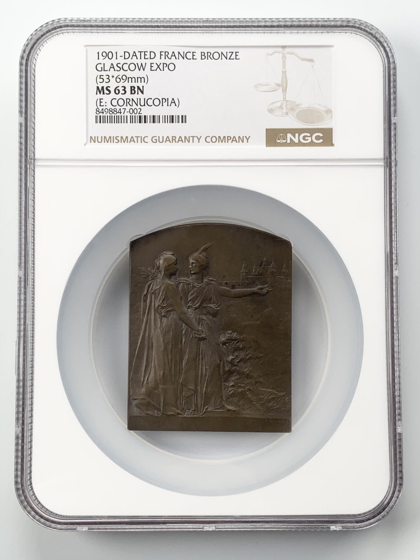 掌中浮雕-藏着的欧洲第054场 NGC MS63 : 1901年苏格兰法国博览会纪念铜章，69 X 53mm，  雕刻家：1900年法国巴黎世博会金奖获得者维克多•佛农（Victor Vernon 1858-1912），Nicolas Maier法国章优秀作品集#161号