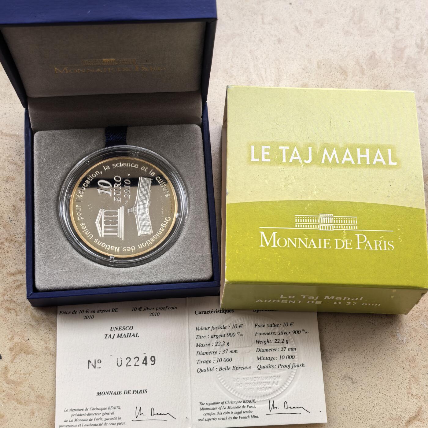 道一币馆币章第一百六十八场 原盒证 法国2010年联合国教科文组织文化遗产-泰姬陵10欧元精制银币  22.2g 900s 10000