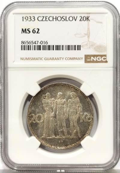 博洋堂世界钱币拍卖第164期（全场包邮） - NGC MS62 捷克斯洛伐克1933年20克朗大银币，极美五彩包浆，光泽耀眼，设计华丽。
