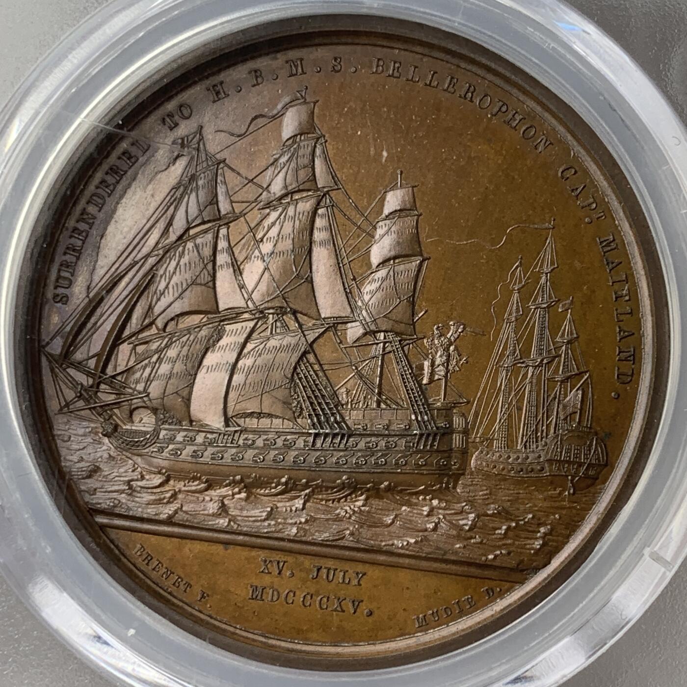 掌中浮雕-藏着的欧洲第054场 PCGS SP65 : 1815年拿破仑于柏勒洛丰号战列舰上投降，41mm, PCGS冠军分