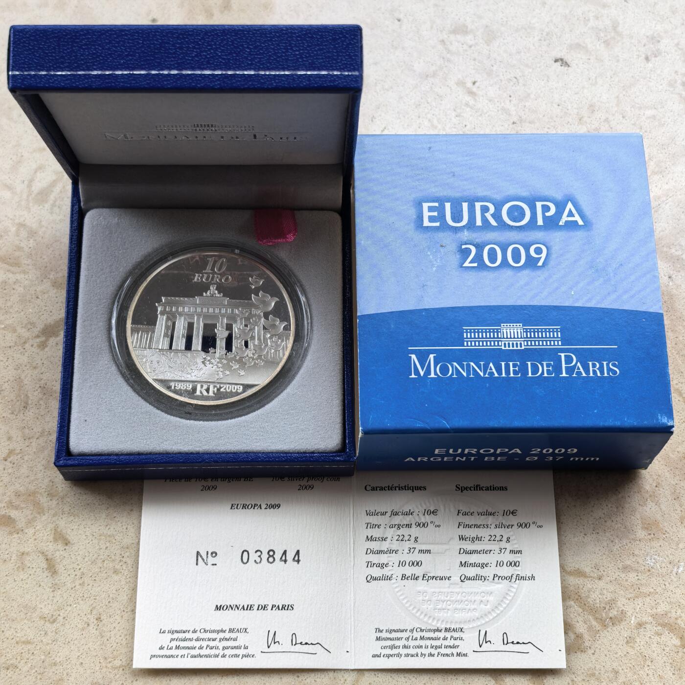 道一币馆币章第一百六十八场 原盒证 法国2009年柏林墙倒塌20周年10欧元银币 22.2g 900s 10000