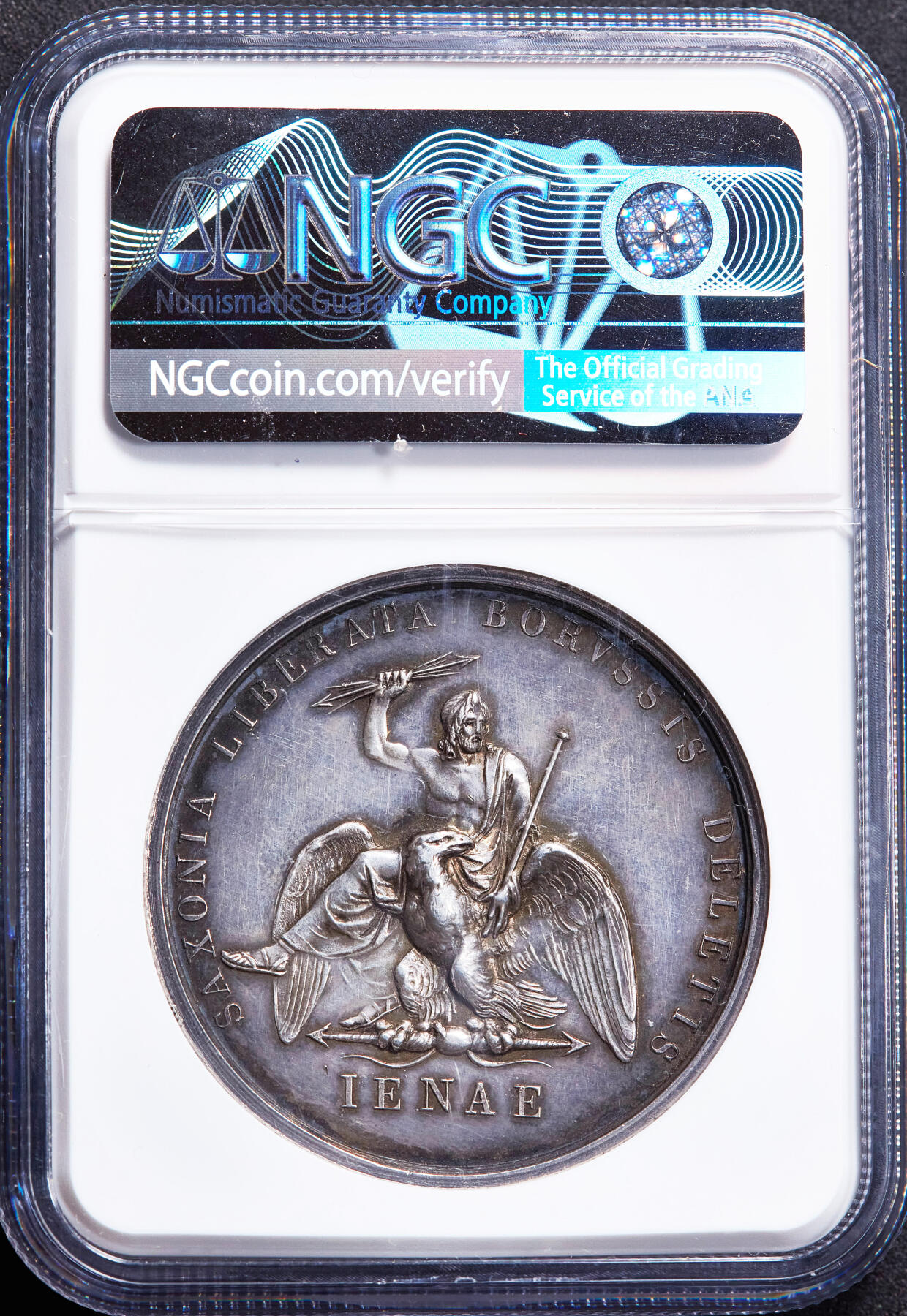 【俄甄集藏】2026年(049)03-18星期三 晚 19:30 全场包邮 法国1806年拿破仑帝国纪念耶拿战役大银章，NGC UNCD，高浮雕，原味老包浆，经典品种