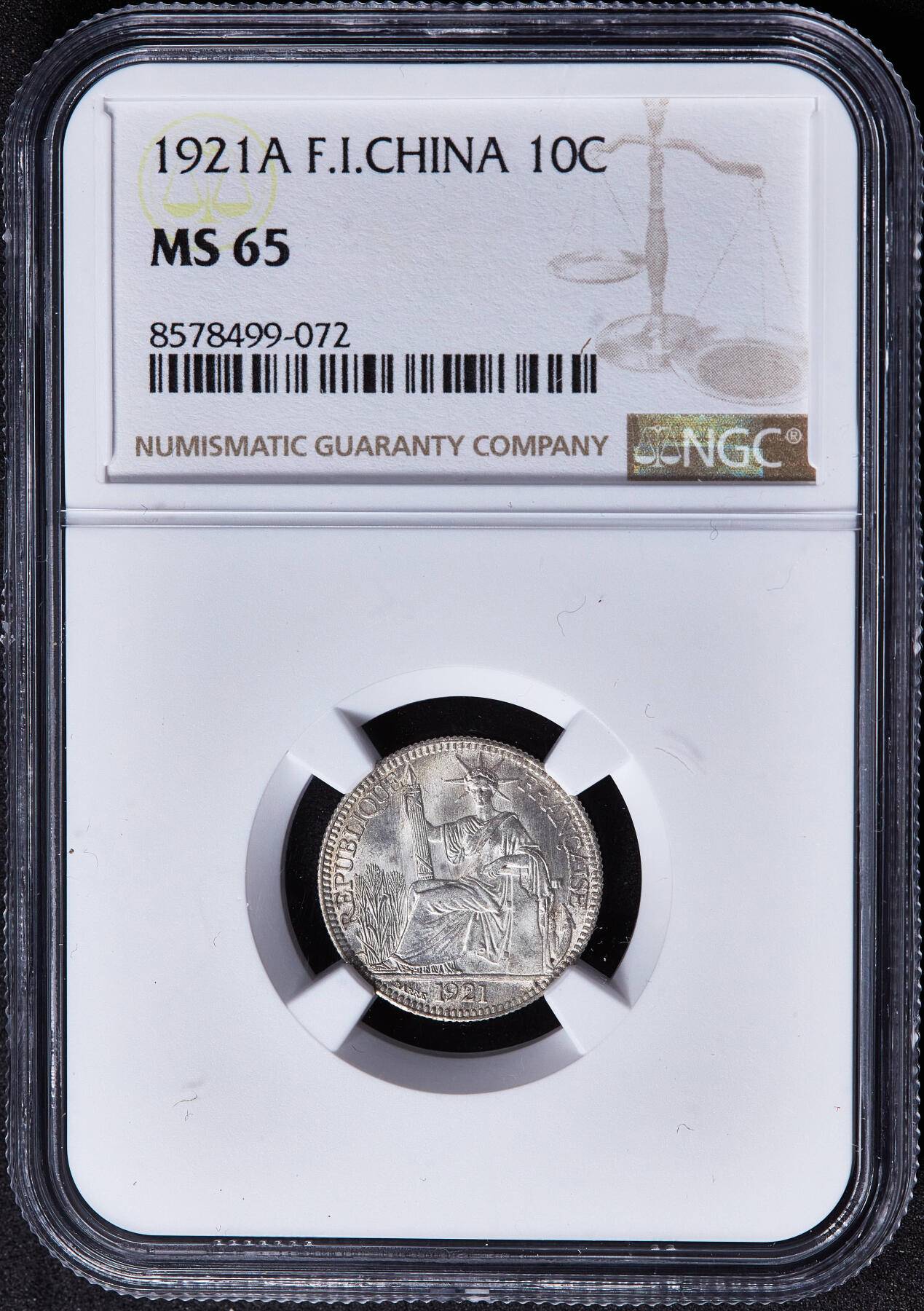 【俄甄集藏】2026年(049)03-18星期三 晚 19:30 全场包邮 法属印度支那1921年A版坐洋10分银币，NGC MS65，黄油彩，顶级转光，少见年份