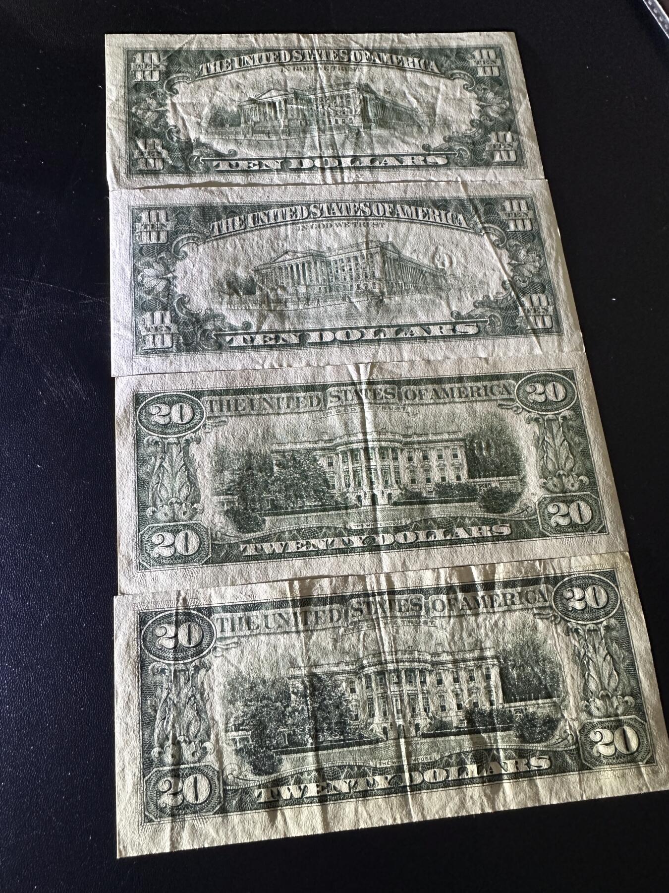 《外钞收藏家》第六百一十六期（精品场）（长期征集拍品、欢迎藏友们联系合作） 美国小头版10和20美元 各2张 非全新 品相如图