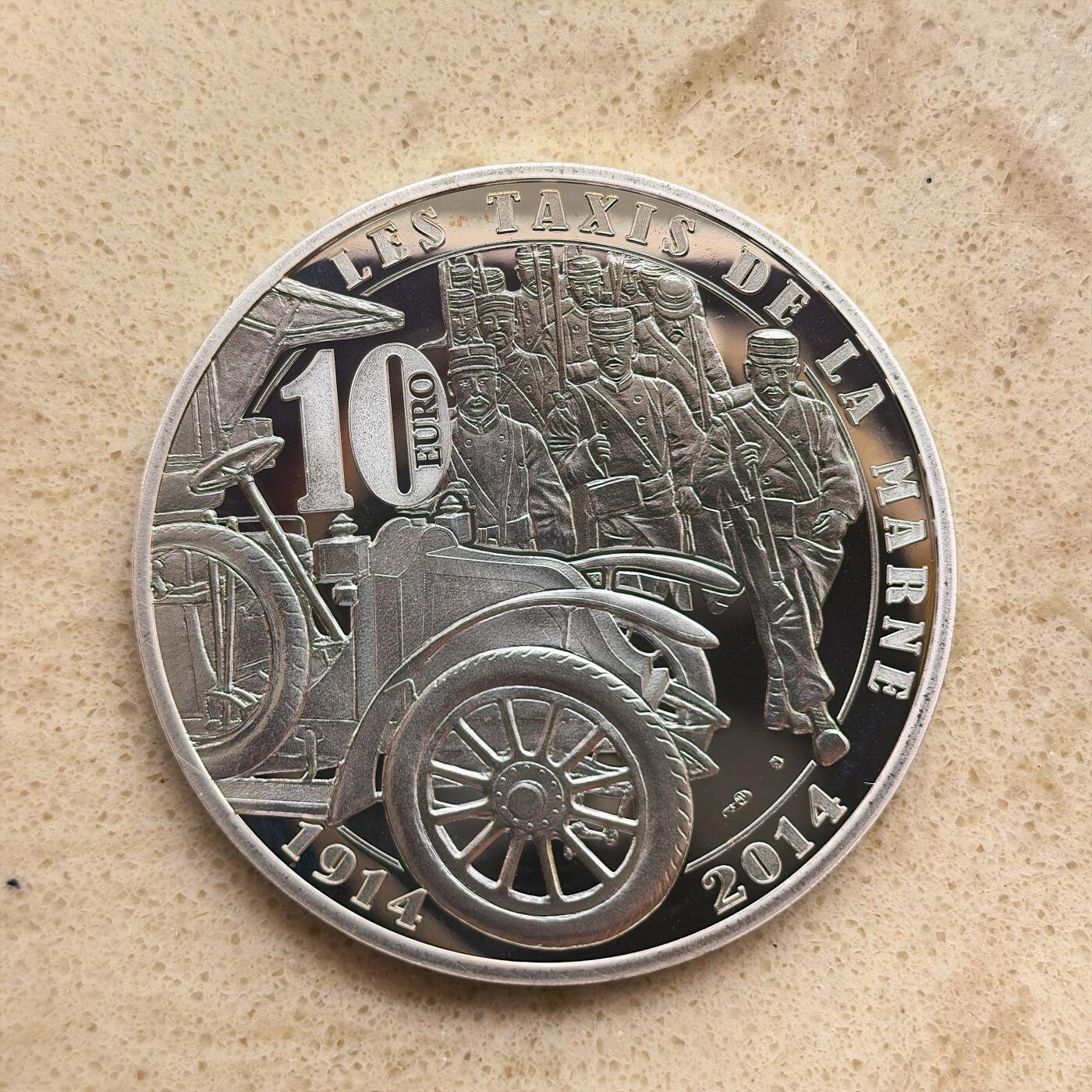 道一币馆币章第一百六十八场 盒破 原盒证 法国2014年马恩河出租车”参战百年10欧元精制银币  22.2g 900s 10000
