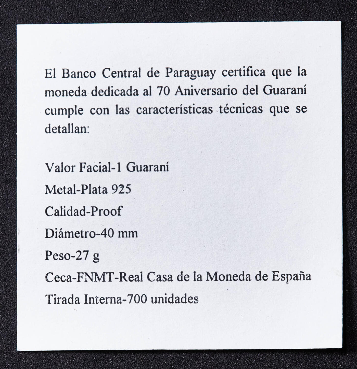 【俄甄集藏】2026年(049)03-18星期三 晚 19:30 全场包邮 巴拉圭2013年纪念以土著民族瓜拉尼命名的货币成为法定货币70周年1瓜拉尼精制大银币，原盒证，重27克，925银，发行量700枚，稀有品种