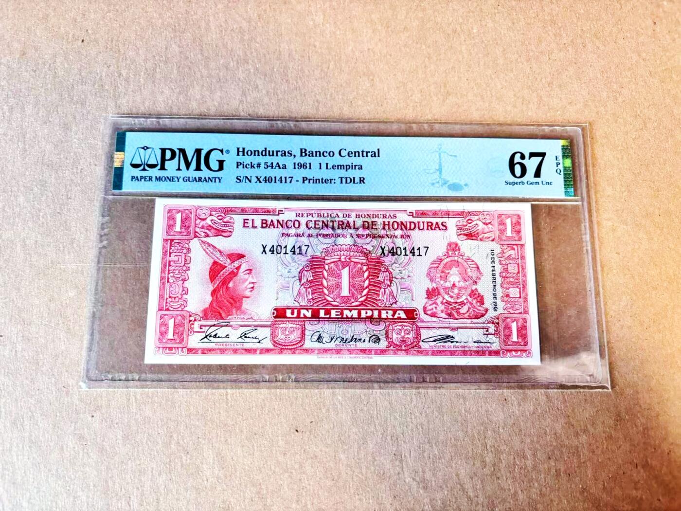 【Blue Auction】世界纸币精拍第793期——18级TOP拍卖/信誉/品质/专业/高效💫 洪都拉斯 1961年1伦皮拉 设计精美 PMG67EPQ高分
