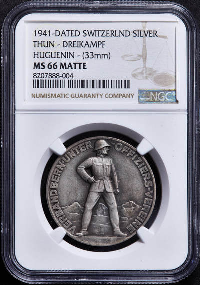 【俄甄集藏】2026年(049)03-18星期三 晚 19:30 全场包邮 - 瑞士1941年二战军事战备时期图恩市军官协会三项全能军事竞赛纪念银章，NGC MS66，磨砂底板，顶级状态，黄油酱彩老包浆，稀少品种