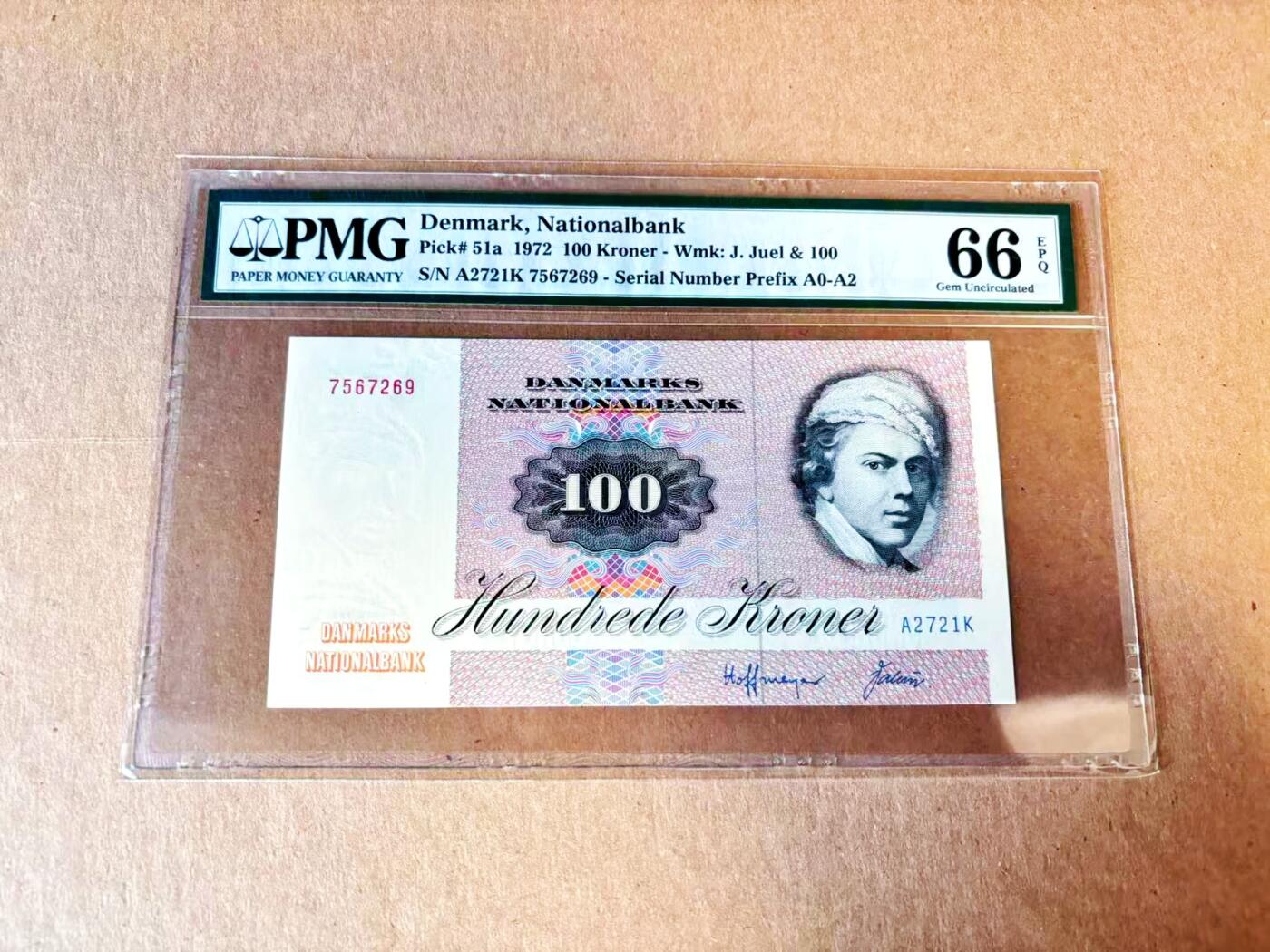【Blue Auction】世界纸币精拍第793期——18级TOP拍卖/信誉/品质/专业/高效💫 【a版首年】丹麦 1972年100克朗 大飞蛾 PMG66EPQ 
