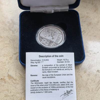 道一币馆币章第一百六十八场 - 原盒证 比利时2016年物理学家阿尔伯特·爱因斯坦10欧元精制银币