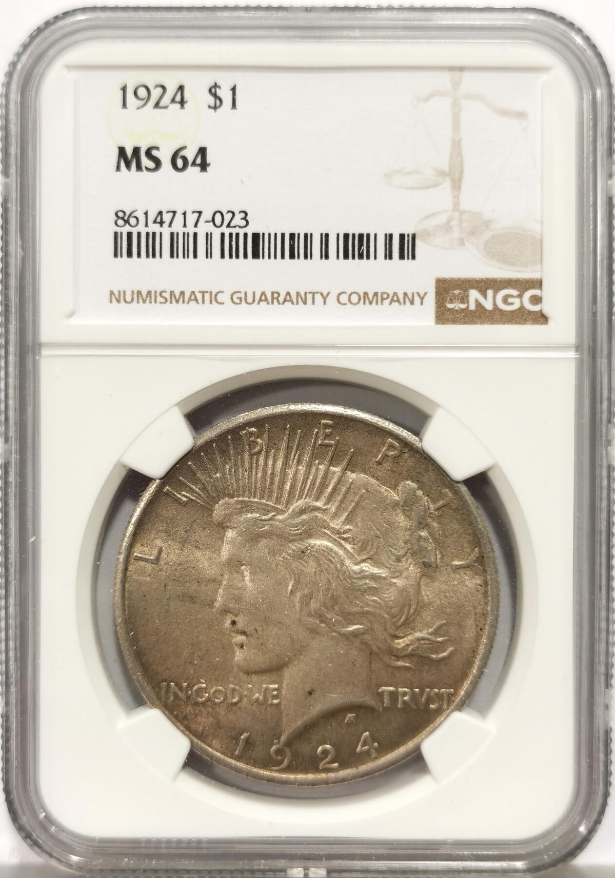 博洋堂世界钱币拍卖第164期（全场包邮） NGC MS64 美国1924年和平银币，极美车轮光好品，黄油彩，状态很好。