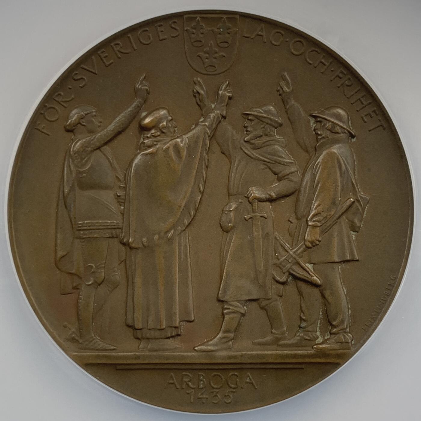 掌中浮雕-藏着的欧洲第054场 NGC MS63 : 1935年瑞典议会成立500周年纪念铜章，57mm