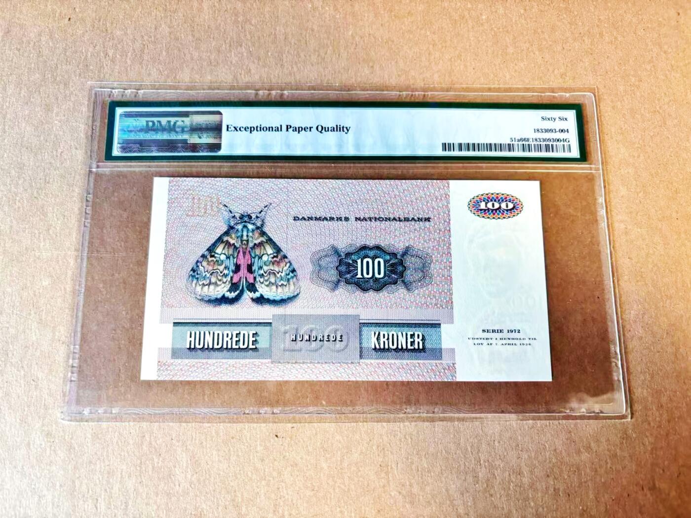 【Blue Auction】世界纸币精拍第793期——18级TOP拍卖/信誉/品质/专业/高效💫 【a版首年】丹麦 1972年100克朗 大飞蛾 PMG66EPQ 