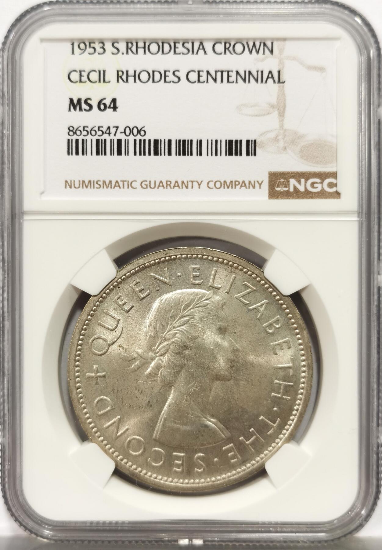 博洋堂世界钱币拍卖第164期（全场包邮） NGC MS64 英属南罗得西亚1953年一克朗大银币，极美原光好品，背带五彩包浆。