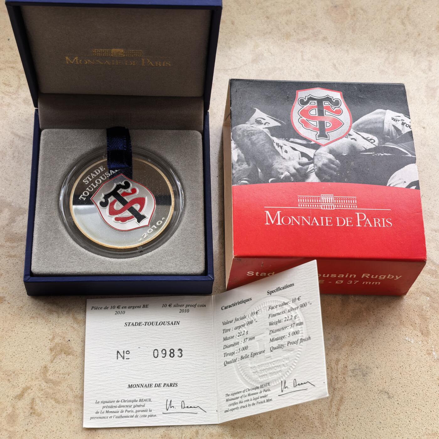 道一币馆币章第一百六十八场 原盒证 法国2010年欧洲杯球场-图卢兹体育场10欧元彩绘精制银币 22.2g 900s 5000