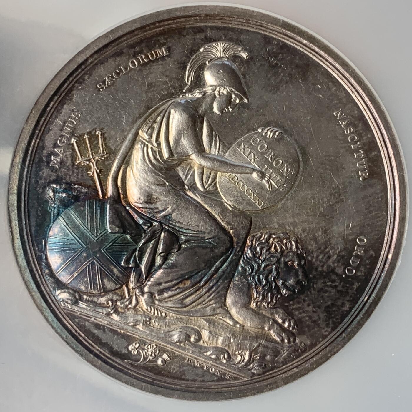 掌中浮雕-藏着的欧洲第054场 NGC MS61 : 1821年乔治四世加冕银章，51mm ,原盒，稀少品种，正面是小托马斯.怀恩1817年遗作，背面本杰明.怀恩雕刻，SBP同款PCGS SP61成交价840美金