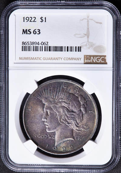 【俄甄集藏】2026年(049)03-18星期三 晚 19:30 全场包邮 - 美国1922年和平1美元大银币，NGC MS63，五彩酱彩老包浆，转光品相，和平银币有这种包浆状态的十分稀少