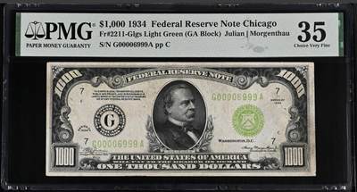 世界靓号纸钞第八十二期 - 1934年美国100美元 千位号 圆圆号 豹子号999 PMG30