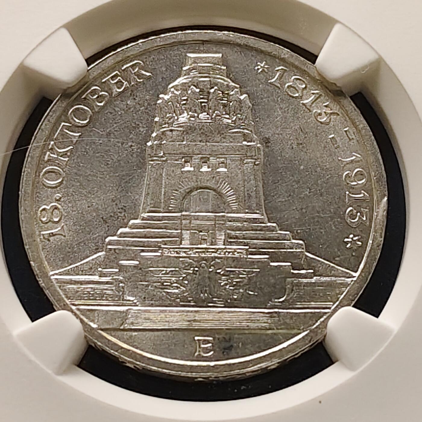 【全场包邮】纯粹捡漏拍511场 德国萨克森1913年3马克莱比锡建功碑纪念银币-NGC UNC DETAILS