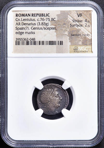 【俄甄集藏】2026年(049)03-18星期三 晚 19:30 全场包邮 - 古罗马共和国公元前76-前75年精力之神1第纳尔银币，NGC VF (Str4/5, Sur2/5)，发行于西班牙地区，正面精力之神束发带面右像，后方有一柄权杖，上方有“致罗马人民的保护神”的铭文缩写 “G.P.R”，背面左边权杖右边船舵中间地球，两侧币文EX.SC意为受元老院授权，下方制币官与财务官姓名缩写，少见品种，极美品，收藏匣老包浆