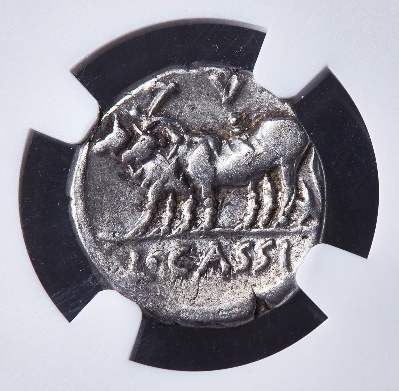 【俄甄集藏】2026年(049)03-18星期三 晚 19:30 全场包邮 古罗马共和国公元前102年1第纳尔丰收女神克瑞斯与耕牛银币，NGC ChF (Str4/5, Sur2/5)，罗马造币厂打制，正面头戴麦穗冠的丰收女神克瑞斯面右像，背面两头耕牛，直径18mm，重3.65克，少见品种