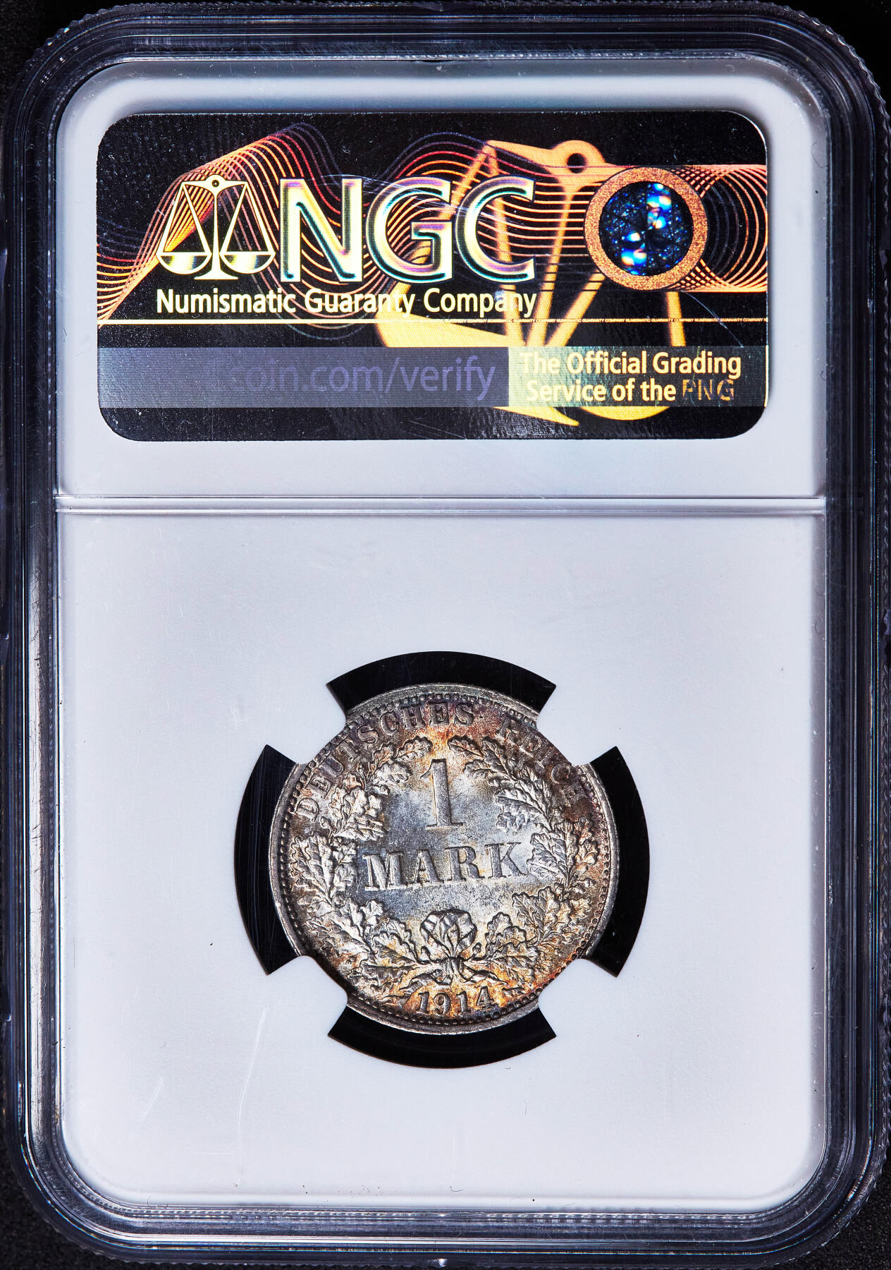 【俄甄集藏】2026年(049)03-18星期三 晚 19:30 全场包邮 德国1914年F版1马克银币，NGC MS65，五彩环彩老包浆，转光品相