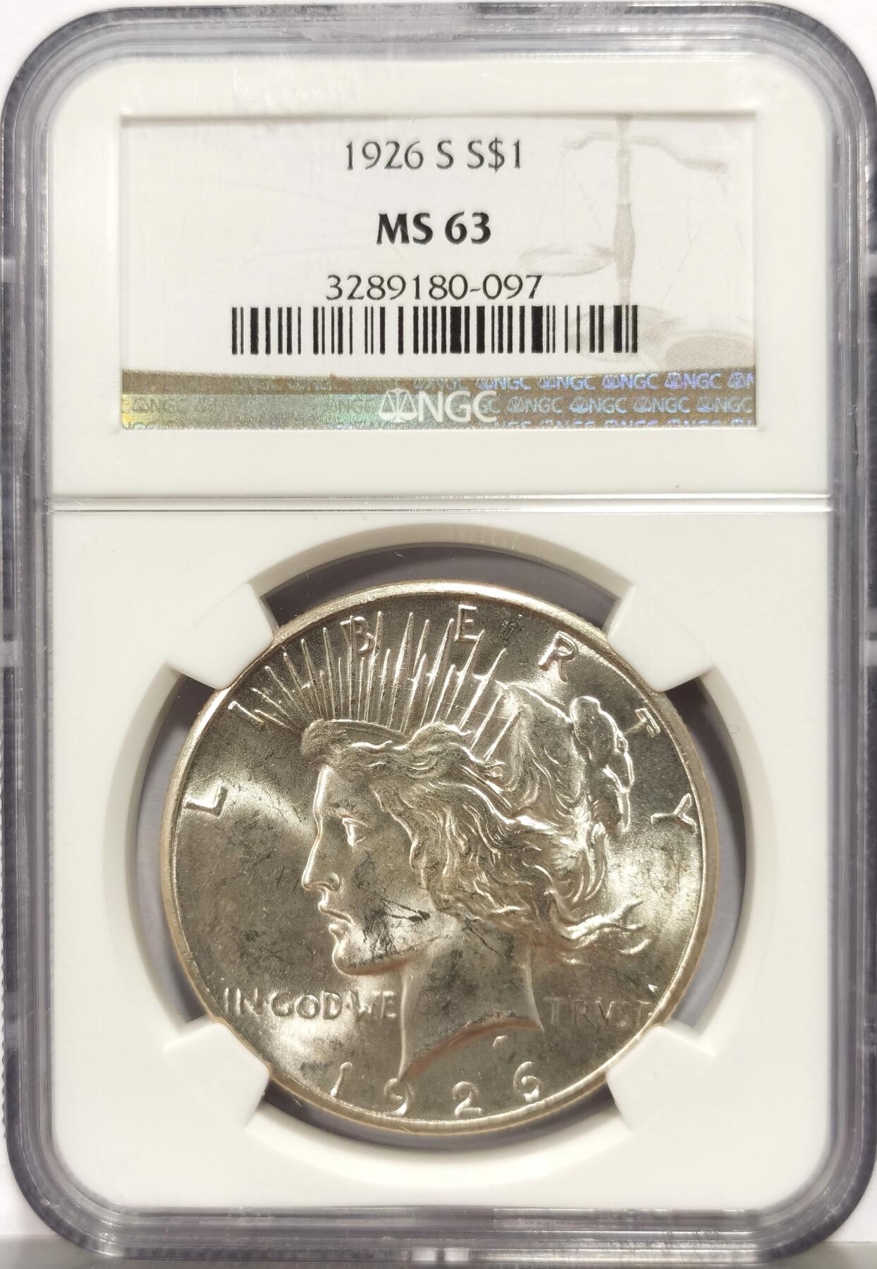 博洋堂世界钱币拍卖第164期（全场包邮） NGC MS63 美国1926 S 和平银币 稀有年份版别的和平银元 中国市场少见 转光犀利 打制精细 值得收藏