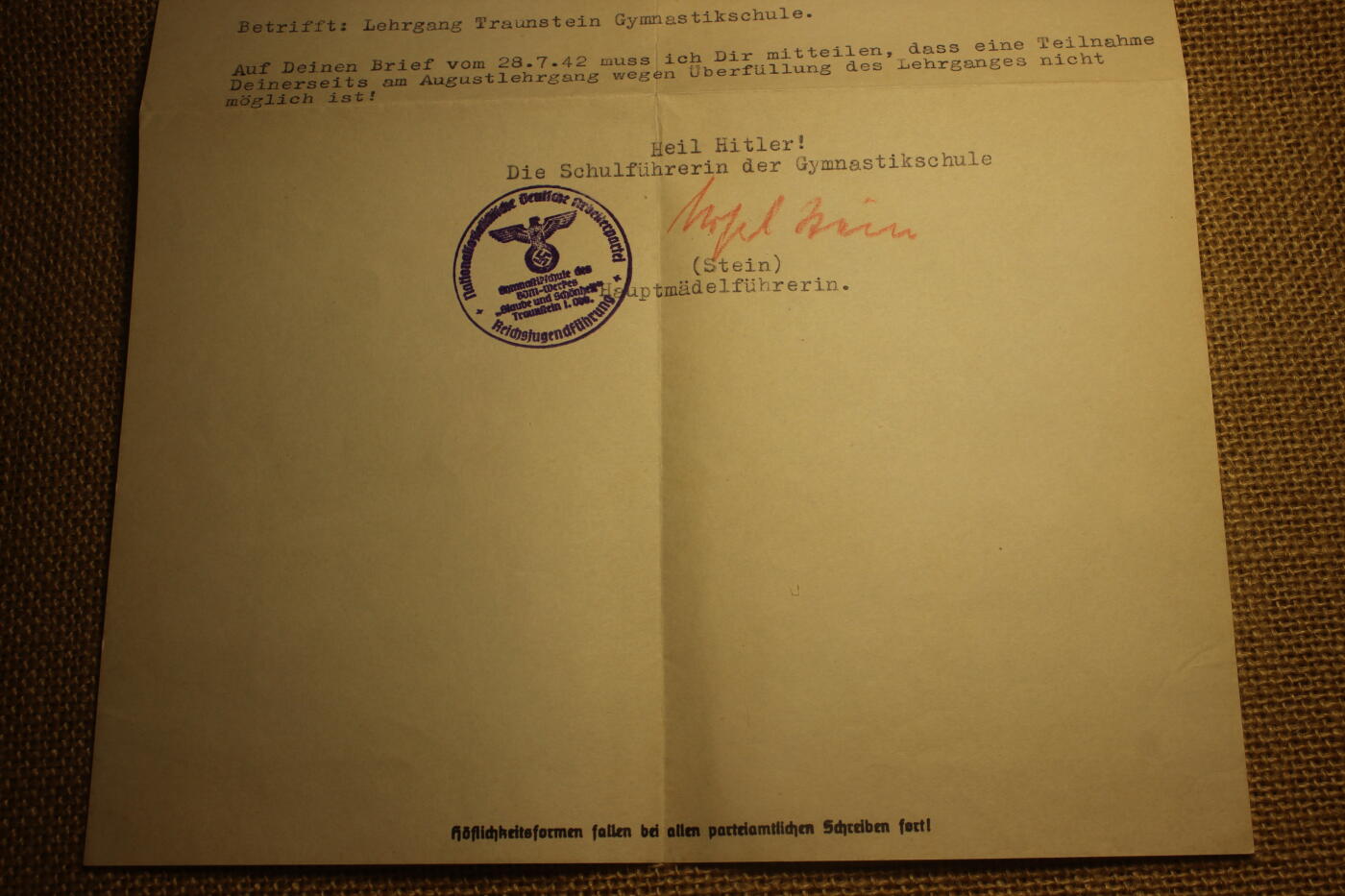 2026.3.14德系主题拍卖 德三希特勒青年团分支机构德国少女联盟发出的通知函，内容大意是因故取消日常训练，1942年8月5日，年代久远纸张略有痕迹。